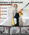Woman using Heavy Duty Electric Toilet Plunger Paired With High Pressure Air Blaster To Beat Stubborn Clogs With Zero Splash.