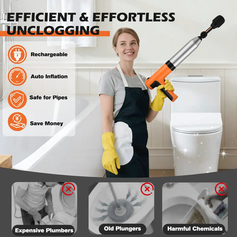 Woman using Heavy Duty Electric Toilet Plunger Paired With High Pressure Air Blaster To Beat Stubborn Clogs With Zero Splash.