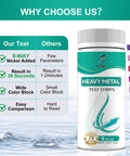 Straight To The Point Heavy Metal Water Test Strips For Kitchen Faucet And Well Checks Plus Nickel Lead Copper Arsenic Detection Kit Including Seventy Five Hella Precise Paper Analyzers For Nailed It Household Safety Results on a product label with comparison chart.