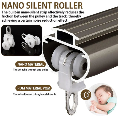 Double Curtain Track System Wall Mounted In Champagne Aluminum Finish, Heavy Duty Silent Rail With Smooth Sliding Rollers, Easy Install, DIY Friendly And Built To Last For Living Room, Bedroom Or Room Divider, 6.9 Feet Length, nano silent roller close-up