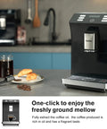 No Sweat Fully Automatic Espresso Machine One Touch Operation with coffee, croissants, and beans on a kitchen counter.