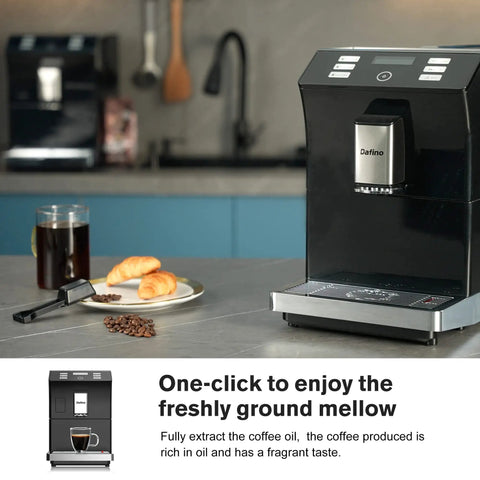 No Sweat Fully Automatic Espresso Machine One Touch Operation with coffee, croissants, and beans on a kitchen counter.
