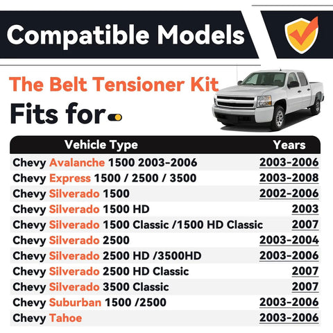 Serpentine Belt Drive Component Kit For Chevy And GMC Trucks 2002-2007 Including Avalanche Express Silverado 1500 2500 3500 Replaces 12609719 12555609 12626222 90K-38158C compatible models chart