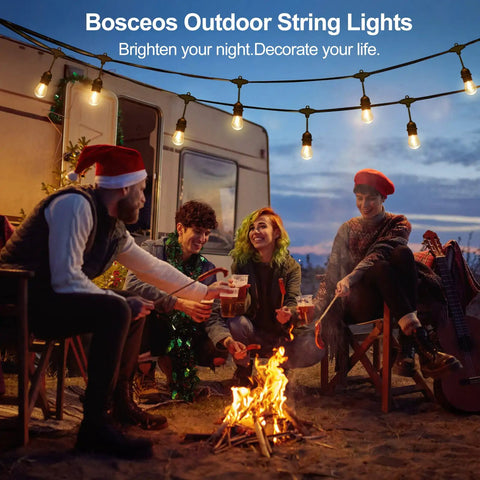 96 Ft LED Outdoor String Lights With Shatterproof S14 Bulbs Waterproof Patio Lighting Dimmable Edison Style Bulbs Connectable Commercial Grade Hanging Lights 30 Plus 3 Bulbs For Backyard Balcony Cozy Vibe And Romantic Nights illuminating a cozy campfire scene with friends gathered.