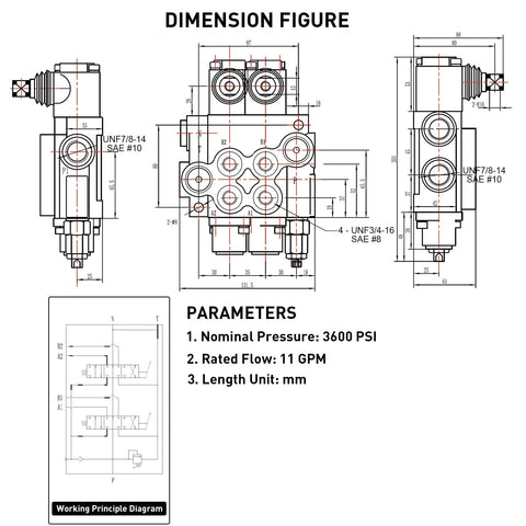 Technical diagram for Hydraulic Directional Control Valve 2 Spool 11 GPM SAE Ports Tractor Loader Valve With Joystick Black