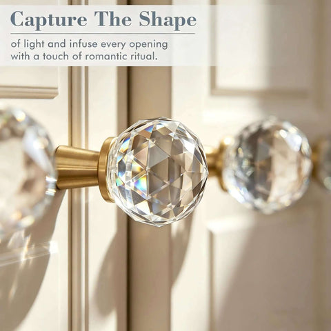 Crystal Glass Cabinet Knobs Set Of 6 With Screws, Faceted Clear Crystal Pulls showcased on a gold copper base enhancing a cabinet