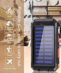 Rugged 38800mAh Solar Power Bank With Type C Output Waterproof Outdoor Backup Charger For All Phones Three Outputs And LED Flashlights A Must Have For Camping And Travel positioned on wood table with travel icons.