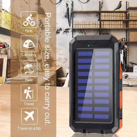 Rugged 38800mAh Solar Power Bank With Type C Output Waterproof Outdoor Backup Charger For All Phones Three Outputs And LED Flashlights A Must Have For Camping And Travel positioned on wood table with travel icons.