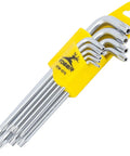 Beefy Industrial Grade Tamper Proof Torx Hex Key Set, 9 Piece Long Arm L Wrench Kit in yellow holder, sizes T10 to T50 visible