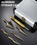 Built Different High Speed Steel Unibit Step Drill Bit Set Boasts Advanced Titanium Coating displayed in aluminum storage case.