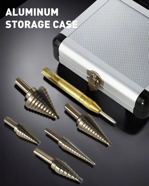 Built Different High Speed Steel Unibit Step Drill Bit Set Boasts Advanced Titanium Coating displayed in aluminum storage case.