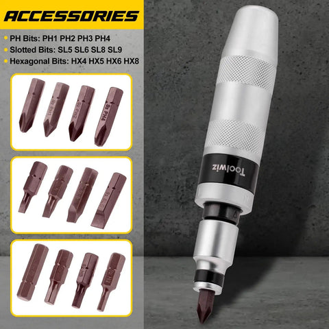 Half Inch Manual Impact Driver Set With Fourteen Pieces Reversible Mechanism S2 Steel Bits for loosening rusted fasteners