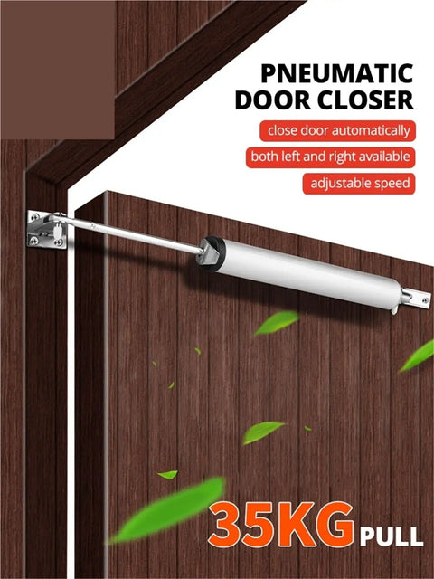 Soft Closing Automatic Door Closer 35Kg Pneumatic With Adjustable Speed And Positioning Stop installed on brown door