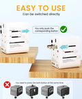 Two Universal Travel Plug Adapters With 4 USB Ports Showing Easy Switch Mechanism, Worldwide Power Converter For USA Europe UK AU