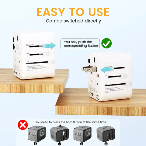 Two Universal Travel Plug Adapters With 4 USB Ports Showing Easy Switch Mechanism, Worldwide Power Converter For USA Europe UK AU
