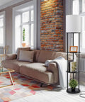 Versailles Floor Lamp With Built-In Shelves, 57.5 Inch Matte Black, White Linen Shade next to beige sofa in modern living room.