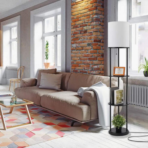 Versailles Floor Lamp With Built-In Shelves, 57.5 Inch Matte Black, White Linen Shade next to beige sofa in modern living room.