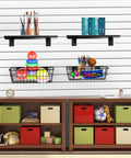 43 Piece Slat Wall Organizer Kit With Hooks, Shelves, Bins, Baskets, Cups, And Screwdriver Holders Black Storage System For Garage, Workshop, And Tool Organization showing shelves and baskets with stored items.