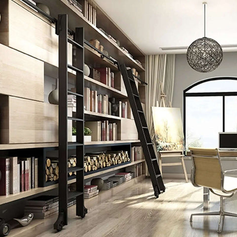 Sliding Barn Door Hardware Kit With Retractable Library Ladder, Round Tube Track System For Home Use in modern interior library