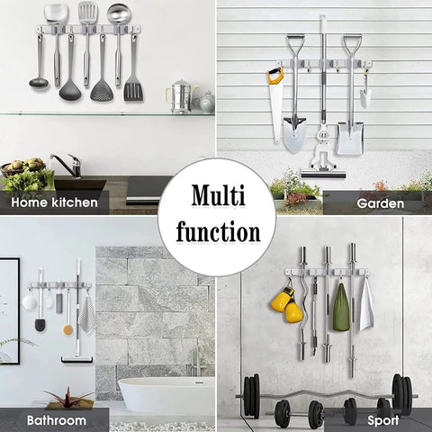 Heavy Duty Wall Mount Broom And Mop Holder With Four Racks And Five Hooks Built To Last Stainless Steel Wall Organizer in kitchen, garden, bathroom, and gym