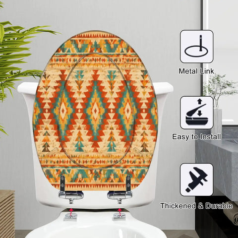 Elongated Native american indian ornament geometric ethnic Toilet Seat featuring bright tribal patterns and easy installation metal links.
