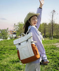 Person wearing Go To Lightweight Waterproof Backpack For Everyday Adventure in grassy field