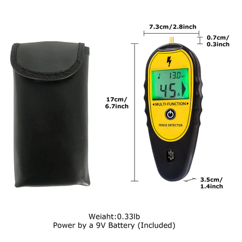 Backlit LCD Electric Fence Voltage Tester With Fault Finder, 200V To 15,000V Range shown with a black carrying case and dimensions