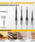 Kickin Square Hole Drill Bit Set With Universal Chuck Adapter for Electric and Bench Drills on various wood types.
