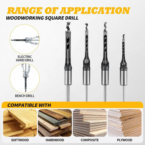 Kickin Square Hole Drill Bit Set With Universal Chuck Adapter for Electric and Bench Drills on various wood types.