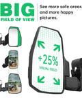 Auto Reset UTV Side Mirrors For 1.5 To 2.0 Inch Roll Cages, no more hand adjustments, shown with increased visual field