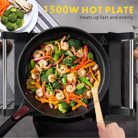 Cooking shrimp stir fry on Portable 1500W Electric Hot Plate Stove With Adjustable Temperature Stay Cool Handles