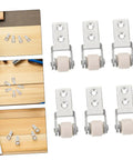 Six Pack Heavy Duty Nylon Sliding Door Rollers With Track Guide built tough galvanized brackets smooth cabinet casters for floor safe zero drag furniture hardware setup kit on wooden surface.