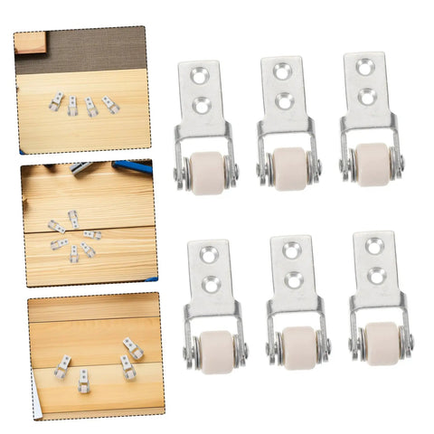 Six Pack Heavy Duty Nylon Sliding Door Rollers With Track Guide built tough galvanized brackets smooth cabinet casters for floor safe zero drag furniture hardware setup kit on wooden surface.