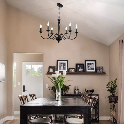 Dining room with Black 6 Light Farmhouse Chandelier With Rustic Industrial Vibe, height adjustable pendant lighting.