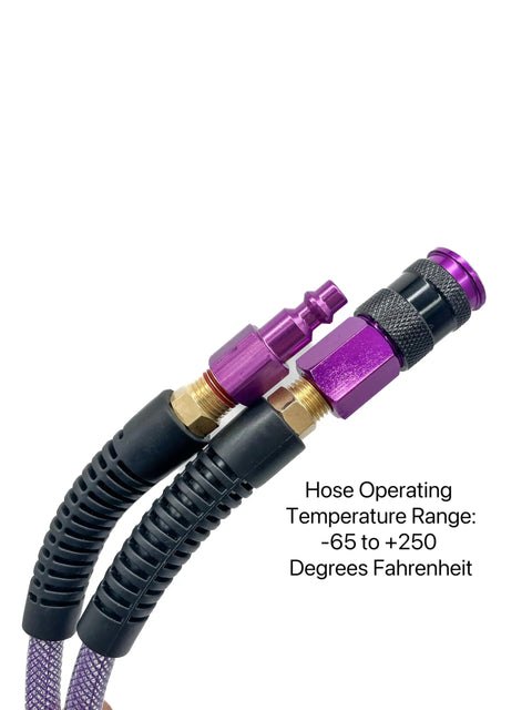 Badass Heavy Duty 100 Ft 1/4 Inch Reinforced Polyurethane Air Hose With Flexible Lightweight Build Featuring Swivel Quick Coupler Plug Plus Bend Guard For Shop Setup close-up of coupler ends showing temperature range -65 to +250°F.