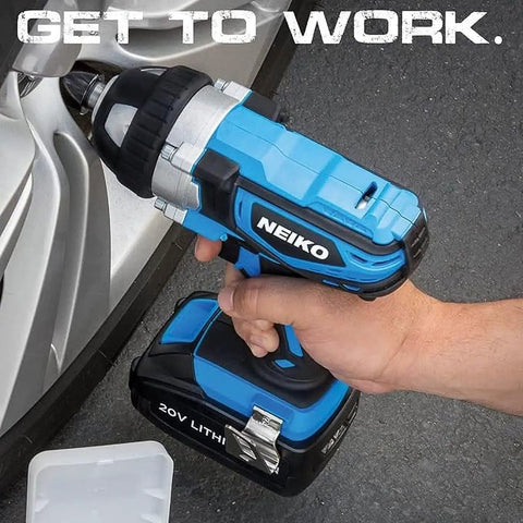 Person using Cordless Impact Wrench Kit With Half Inch Drive Monster Torque 20V Lithium Battery 0 To 3500 BPM 0 To 3000 RPM 300 Ft Lbs Max Torque Includes Four And A Half Inch Drive Sockets on a car wheel