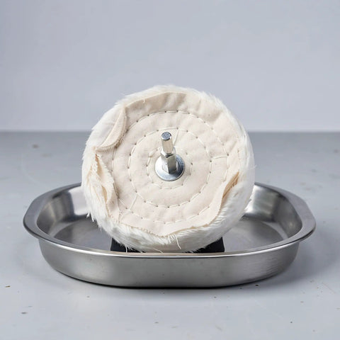 6 Pack Soft White Polishing Pads For Drill With 1/4 Inch Shank, close-up of pad on metal tray, perfect for buffing car paint.