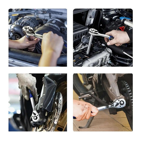 Collage of Heavy Duty Mechanic Tool Set 151 Pc Mixed Socket Wrench Kit For Auto And Home Repair in use on various engines.