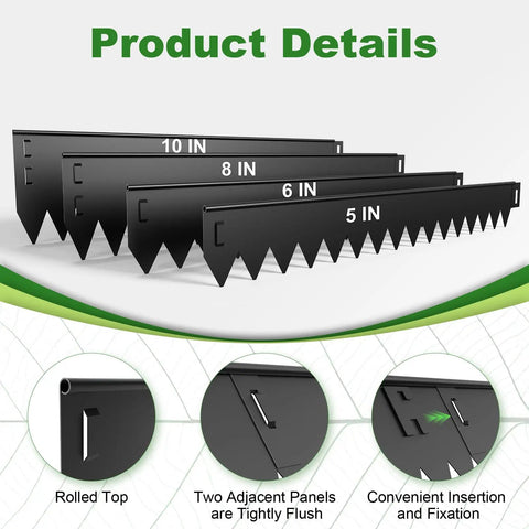 Close-up of Heavy Duty Black Steel Landscape Edging Kit 20 Foot 6 Pack With Gloves 5 Inch Heavy Gauge Rounded Edge Metal Border details