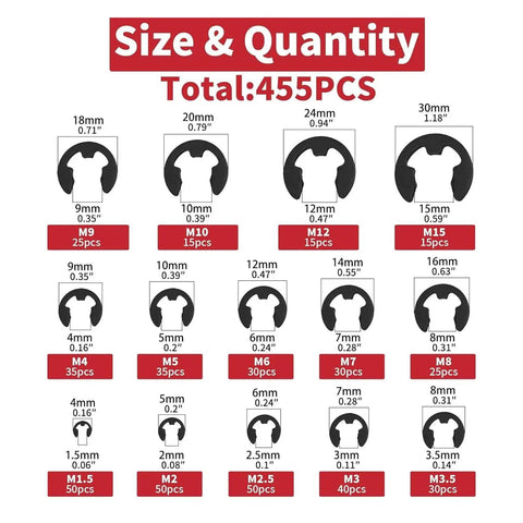 Top Tier Forty Five Five Pcs High Carbon Steel E Type External Retaining Rings Set With 14 Different Shaft Sizes for heavy duty tasks.
