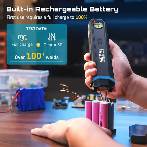 Rechargeable Cordless Battery Spot Welder With Visual Display 3360W Max Power 1-99 Gear Settings Copper Tips in use
