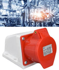 Tough As Nails Industrial Cee Socket wall mounted power receptacle with polycarbonate housing and brass contacts in industrial setting.