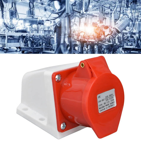 Tough As Nails Industrial Cee Socket wall mounted power receptacle with polycarbonate housing and brass contacts in industrial setting.