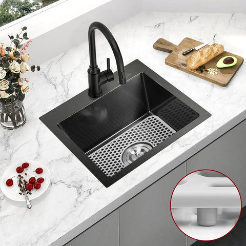 Drop In Kitchen Sink 17 By 15 Inch Top Mount Bar Sink 16 Gauge Stainless Steel Single Bowl Workstation With Sink Protector Black Finish