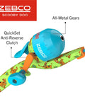Close-up of Scooby Doo Themed Kids Spincast Fishing Combo With 29-Inch Fiberglass Rod, showing reel and Scooby-Doo design.
