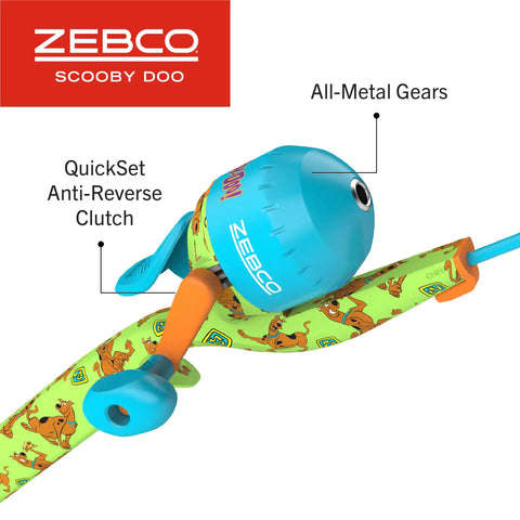 Close-up of Scooby Doo Themed Kids Spincast Fishing Combo With 29-Inch Fiberglass Rod, showing reel and Scooby-Doo design.