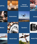 Image grid showing applications of 14 Gauge Wire Combo Six Pack With 600 Feet Total In 100 Foot Rolls Multicolor, including lighting, automotive, drones, motors, speakers, model boats, and planes.