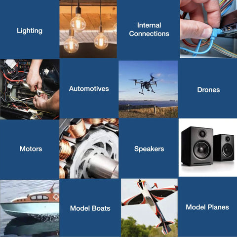 Image grid showing applications of 14 Gauge Wire Combo Six Pack With 600 Feet Total In 100 Foot Rolls Multicolor, including lighting, automotive, drones, motors, speakers, model boats, and planes.