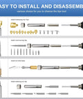 Wood Burning Kit With Adjustable Temperature Pyrography Pen 46-Piece Set for Adults showing various tips and installation steps.