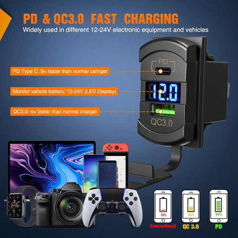 8 Gang Rocker Switch Panel With PD Type C USB Charger Voltmeter 12V SPST On Off Toggle featuring fast charging display